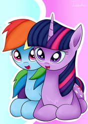 Size: 2480x3507 | Tagged: safe, artist:twidasher, derpibooru import, rainbow dash, twilight sparkle, unicorn twilight, pegasus, pony, unicorn, chest fluff, female, lesbian, lying down, prone, shipping, signature, twidash