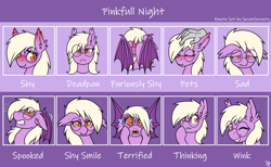 Size: 3572x2200 | Tagged: safe, artist:sevenserenity, derpibooru import, oc, oc only, oc:pinkfull night, bat pony, bat pony oc, bat wings, blushing, commission, discord emotes, ear fluff, ears, emote set, fangs, female, glasses, looking at you, one eye closed, petting, sad, scared, shy, smiling at you, solo, spread wings, staring at you, sticker pack, sweat, teenager, thinking, wings, wink, winking at you