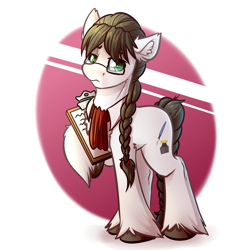 Size: 4000x4000 | Tagged: safe, artist:witchtaunter, derpibooru import, raven, oc, oc:draven inkwell, earth pony, pony, braided tail, clipboard, commission, glasses, male, rule 63, solo