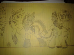 Size: 2560x1920 | Tagged: safe, artist:juliet-gwolf18, derpibooru import, oc, oc only, alicorn, pony, alicorn oc, duo, hoof shoes, horn, lined paper, mouth hold, pickaxe, raised hoof, sword, traditional art, weapon, wings