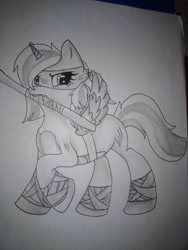 Size: 1920x2560 | Tagged: safe, artist:juliet-gwolf18, derpibooru import, oc, oc only, alicorn, pony, alicorn oc, clothes, cosplay, costume, donatello, grayscale, horn, lineart, monochrome, mouth hold, raised hoof, solo, sword, teenage mutant ninja turtles, traditional art, weapon, wings