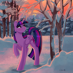 Size: 4000x4000 | Tagged: safe, artist:xjenn9, derpibooru import, twilight sparkle, twilight sparkle (alicorn), alicorn, pony, female, mare, outdoors, raised hoof, redraw, scenery, snow, solo, tree, winter