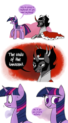 Size: 2500x4500 | Tagged: artist needed, safe, derpibooru import, king sombra, twilight sparkle, pony, unicorn, bag, cape, clothes, comic, dialogue, duo, female, lying down, male, order, saddle bag, speech bubble, sweat