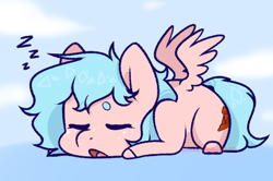 Size: 586x388 | Tagged: safe, artist:wooden-willow, derpibooru import, cozy glow, pegasus, pony, alternate hairstyle, cozybetes, cute, eyes closed, female, filly, gradient background, onomatopoeia, open mouth, sleeping, solo, sound effects, spread wings, wings, zzz