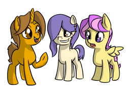 Size: 1998x1446 | Tagged: safe, artist:compoundlift, oc, oc only, oc:boris, oc:curiosity, oc:eyespy, earth pony, pegasus, pony, unicorn, /mlp/, female, fourcannon, hair over one eye, horn, male, mare, open mouth, raised hoof, simple background, spread wings, stallion, trio, white background, wings
