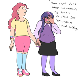 Size: 2000x2000 | Tagged: safe, artist:ponkersetfan01, derpibooru import, pinkie pie, twilight sparkle, human, blushing, clothes, female, holding hands, humanized, lesbian, shipping, socks, text, twinkie