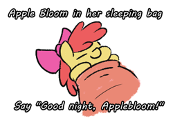 Size: 419x297 | Tagged: safe, artist:jargon scott, apple bloom, earth pony, pony, adorabloom, cursed if you think too hard about it, cute, female, filly, meme, simple background, sleeping, sleeping bag, solo, text, white background