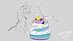 Size: 1920x1080 | Tagged: safe, artist:another_pony, princess celestia, twilight sparkle, alicorn, pony, unicorn, birthday cake, cake, female, filly, filly twilight sparkle, inconvenient twilight, mare, party hat, twiggie
