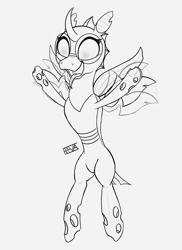 Size: 4000x5500 | Tagged: safe, artist:evan555alpha, ponybooru exclusive, oc, oc only, oc:yvette (evan555alpha), changeling, evan's daily buggo, buzzing wings, changeling oc, cute, dorsal fin, elytra, female, flapping wings, flying, forked tongue, glasses, happy, motion lines, ocbetes, open mouth, raised hoof, round glasses, signature, solo, tongue out