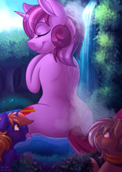 Size: 2480x3508 | Tagged: safe, artist:sugaryviolet, oc, oc only, oc:habile, oc:star bright, oc:sugary violet, deer, pony, reindeer, unicorn, bathing, eyes closed, forest, giant pony, high res, macro, open mouth, size difference, smiling, tree, waterfall, wet