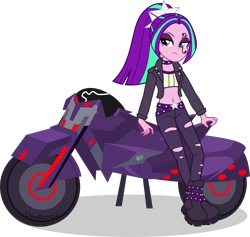 Size: 4217x4000 | Tagged: safe, artist:limedazzle, aria blaze, equestria girls, badass, boots, clothes, face paint, female, midriff, motorcycle, pants, shoes, simple background, solo, transparent background, vest
