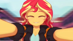 Size: 4000x2250 | Tagged: safe, artist:maren, sunset shimmer, equestria girls, friendship games, blurry background, breasts, bust, canterlot high, cleavage, cute, eyes closed, female, high res, offscreen character, pov, reaching out, shimmerbetes, smiling, solo, sunset jiggler