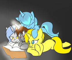 Size: 1200x1000 | Tagged: safe, artist:star, oc, oc only, oc:able tome, oc:glacial shroud, oc:sunshower, pony, unicorn, /mlp/, book, family, female, fourcannon, horn, lying down, lying on top of someone, magic, male, mare, reading, sleeping, stallion, telekinesis