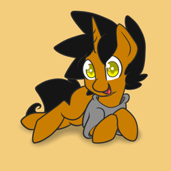 Size: 900x900 | Tagged: safe, artist:star, oc, oc only, oc:star, pony, unicorn, /mlp/, clothes, fourcannon, horn, looking at you, lying down, male, open mouth, simple background, solo, stallion