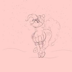 Size: 2048x2048 | Tagged: safe, artist:2fat2fly, pinkie pie, earth pony, pony, boots, catching snowflakes, clothes, coat, female, hat, lidded eyes, looking up, mare, monochrome, open mouth, shoes, sketch, snow, snowfall, solo, visible breath, wool cap