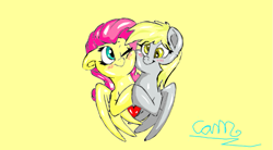 Size: 765x422 | Tagged: safe, artist:@cameron, artist:fluffyxai, derpibooru import, edit, derpy hooves, fluttershy, pegasus, pony, close together, cute, heart, holding hooves, looking at each other, omniships, shipping, spread wings, squishy cheeks, trace, wings