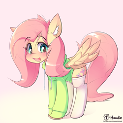 Size: 2222x2222 | Tagged: safe, artist:hoodie, derpibooru import, fluttershy, pegasus, pony, blushing, clothes, cute, daaaaaaaaaaaw, ear fluff, ears, female, gradient background, high res, hoodie, mare, open mouth, shyabetes, smiling, socks, solo, stockings, stray strand, sweater, sweatershy, thigh highs