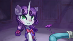 Size: 3840x2160 | Tagged: safe, artist:alexsavenije, derpibooru import, sweetie belle, pony, unicorn, clothes, dress, flower, ribbon, smiling