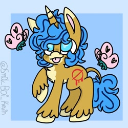 Size: 900x900 | Tagged: safe, artist:kevinsmol, derpibooru import, oc, oc only, butterfly, pony, unicorn, :p, horn, leonine tail, raised hoof, solo, tongue out, unicorn oc, unshorn fetlocks