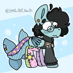 Size: 1000x1000 | Tagged: safe, artist:kevinsmol, derpibooru import, oc, oc only, pony, abstract background, clothes, ear piercing, glasses, piercing, plushie pony, solo, wings