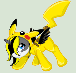 Size: 581x556 | Tagged: safe, artist:juliet-gwolf18, derpibooru import, oc, oc only, oc:juliet, alicorn, pikachu, pony, alicorn oc, base used, clothes, costume, eyelashes, female, horn, kigurumi, mare, pokémon, simple background, smiling, solo, wings