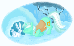 Size: 1699x1067 | Tagged: safe, artist:nate-draws, derpibooru import, lyra heartstrings, pony, rabbit, unicorn, winter wrap up, animal, cute, dot eyes, female, lyrabetes, mare, snow, solo, winter, winter wrap up vest