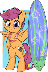 Size: 1024x1530 | Tagged: safe, artist:earth-pony, artist:midnightpremiere, artist:taurson, derpibooru import, scootaloo, pegasus, pony, alternate cutie mark, bipedal, female, filly, lei, smiling, solo, surfboard