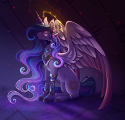 Size: 3000x2876 | Tagged: safe, artist:rainsrandomness, derpibooru import, princess celestia, alicorn, pony, bracelet, ear piercing, earring, female, halo, horn, horn ring, jewelry, mare, necklace, nose piercing, nose ring, piercing, redraw, reign, ring, royalty, sitting, solo, spread wings, wings