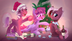 Size: 4006x2290 | Tagged: safe, artist:xbi, derpibooru import, berry punch, berryshine, cheerilee, jasmine leaf, alcohol, bottle, christmas, christmas tree, commission, cup, drinking, food, glass, hiding, holiday, smiling, tea, tree, wine