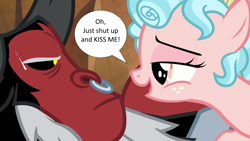 Size: 1280x720 | Tagged: safe, derpibooru import, edit, edited screencap, screencap, cozy glow, lord tirek, centaur, frenemies (episode), age difference, bedroom eyes, cozirek, female, flirting, interspecies, male, shipping, shut up and kiss me, speech bubble, straight, sweat