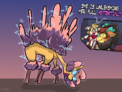 Size: 1400x1060 | Tagged: safe, artist:azulejo, derpibooru import, arizona cow, paprika paca, velvet reindeer, alpaca, cow, deer, reindeer, them's fightin' herds, adora, bandana, catra, clothes, cloven hooves, community related, cosplay, costume, female, glimmer (she-ra), she-ra and the princesses of power, smiley face, surprised, text