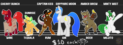 Size: 4680x1714 | Tagged: safe, artist:candyfossils, derpibooru import, oc, oc:amber brew, oc:captain keg, oc:cherry bunch, oc:minty mist, oc:sapphire moon, oc:sunrise, boar, earth pony, food pony, original species, pony, adoptable, agave, alcohol, amputee, beer, blushing, booze, drink, drink pony, drunk, food, gin, lime, looking at you, mojito, multiple characters, pirate, ponified, prosthetic limb, prosthetics, rum, tentacles, tequila, wine