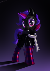 Size: 2200x3100 | Tagged: safe, artist:shido-tara, derpibooru import, oc, oc only, oc:violet rose ze vampony, unicorn, clothes, commission, gas mask, latex, latex socks, latex suit, looking at you, mask, scarf, shiny, simple background, socks, solo, striped socks