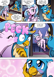 Size: 1204x1700 | Tagged: safe, artist:tarkron, derpibooru import, gallus, silverstream, griffon, hippogriff, bed, butt, comic, commission, cute, daaaaaaaaaaaw, diastreamies, female, gallabetes, gallstream, kiss on the cheek, kissing, looking at each other, male, peck, pillow, plot, shipping, straight, surprise kiss