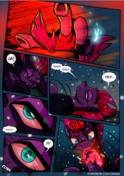 Size: 2480x3508 | Tagged: safe, artist:dsana, derpibooru import, fizzlepop berrytwist, tempest shadow, crystal pony, pony, unicorn, comic:a storm's lullaby, broken horn, comic, crystallized, female, horn, mare, red eyes, scar