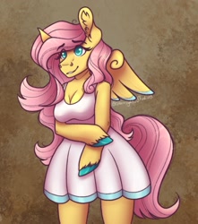 Size: 1500x1700 | Tagged: safe, artist:nyxraven13, derpibooru import, fluttershy, anthro, pegasus, unguligrade anthro, arm hooves, breasts, cleavage, clothes, colored hooves, colored wings, colored wingtips, dress, hootershy, solo, unshorn fetlocks