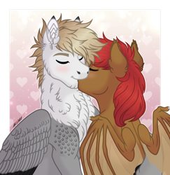 Size: 1280x1317 | Tagged: safe, artist:akumajdragon, derpibooru import, oc, oc only, oc:akuma, oc:arren, original species, pegasus, pony, blushing, female, kissing, male, mare, oc x oc, pegasus oc, shipping, stallion, straight, wings