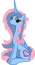 Size: 1952x3563 | Tagged: safe, artist:lightning stripe, derpibooru exclusive, derpibooru import, edit, oc, oc only, oc:princess sorraia, alicorn, pony, alicorn oc, blue coat, brown eyes, commission, cutie mark, female, horn, mare, pink mane, show accurate, simple background, sitting, smiling, transparent background, two toned mane, vector, wings