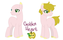 Size: 658x419 | Tagged: safe, artist:box-of-ideas, artist:tobi052, derpibooru import, oc, oc:golden heart, earth pony, pony, apple, base used, cutie mark, food, male, offspring, parent:big macintosh, parent:fluttershy, parents:fluttermac, simple background, solo, stallion, white background