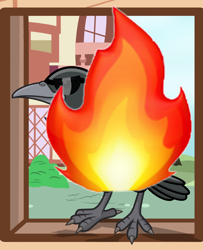 Size: 1730x2130 | Tagged: safe, artist:pizzamovies, derpibooru import, edit, editor:joeydr, bird, crow, ambiguous gender, building, cool crow, derpibooru, emote, fire, glare, meme, meta, moderator, smiling, smirk, solo, sunglasses, tree, window