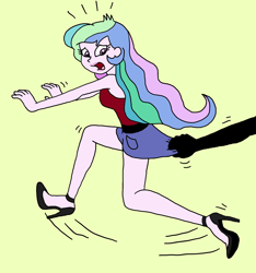 Size: 1634x1744 | Tagged: safe, artist:bugssonicx, derpibooru import, princess celestia, principal celestia, equestria girls, caught, clothes, denim skirt, high heels, legs, miniskirt, running, running in place, scared, shoes, skirt, skirt pull