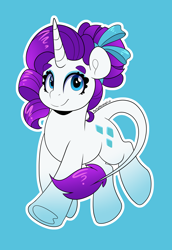 Size: 2748x4000 | Tagged: safe, alternate version, artist:partylikeanartist, derpibooru import, rarity, pony, unicorn, blue background, bow, eyebrows, female, gradient hooves, gradient mane, hair bow, leonine tail, looking at you, mare, redesign, ribbon, simple background, solo, traditional unicorn tail, white outline