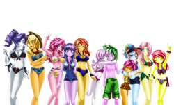 Size: 5000x3010 | Tagged: safe, alternate version, artist:mauroz, derpibooru import, apple bloom, applejack, fluttershy, pinkie pie, rainbow dash, rarity, sci-twi, scootaloo, spike, sunset shimmer, sweetie belle, twilight sparkle, human, equestria girls, absurd file size, anime, applerack, belly button, breasts, cleavage, clothes, cutie mark crusaders, dress, female, group, headlight sparkle, hootershy, human spike, humane five, humane seven, humane six, humanized, male, pinkie pies, raritits, shipping, simple background, spikebelle, straight, suit, sunset jiggler, swimsuit, transparent background