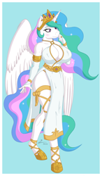 Size: 2100x3600 | Tagged: safe, artist:lumino010, derpibooru import, princess celestia, alicorn, anthro, absolute cleavage, breasts, cleavage, clothes, crown, dress, gloves, horn, jewelry, long gloves, princess breastia, regalia, sexy, side slit, solo, tiara, wings