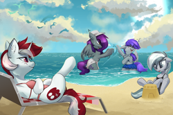 Size: 4001x2657 | Tagged: safe, artist:beardie, derpibooru import, oc, oc only, pegasus, pony, unicorn, beach, clothes, cute, female, lying down, mare, on back, relaxing, splashing, swimsuit, water