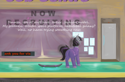 Size: 1799x1175 | Tagged: safe, artist:lupin quill, derpibooru import, oc, oc only, oc:magna-save, pony, unicorn, series:career change (weight gain), advertisement, butt, clothes, curtains, dialogue, dock, hologram, horn, hoverboard, jumpsuit, neon, neon sign, plot, science fiction, shop window, sidewalk, storefront, this will end in weight gain, unicorn oc, weight gain sequence, window