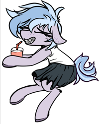 Size: 527x644 | Tagged: safe, artist:pinkberry, artist:xrei, derpibooru import, oc, oc only, oc:winter azure, earth pony, pony, collaboration, braces, clothes, colored, colt, crossdressing, cup, drink, eyes closed, femboy, freckles, male, shirt, simple background, skirt, smiling, solo, trap, white background