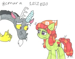 Size: 1246x987 | Tagged: safe, artist:cmara, derpibooru import, discord, tree hugger, draconequus, earth pony, pony, bandana, beard, duo, facial hair, female, male, mare, simple background, traditional art, white background