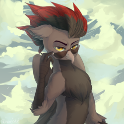 Size: 3000x3000 | Tagged: safe, artist:neonishe, derpibooru import, oc, oc only, griffon, cloud, cloudy, commission, glasses, griffon oc, looking at you, solo