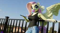 Size: 3840x2160 | Tagged: safe, artist:shadowboltsfm, derpibooru import, fluttershy, anthro, pegasus, plantigrade anthro, 3d, 4k, black nail polish, blender, breasts, cellphone, choker, clothes, eyeshadow, fluttergoth, goth, gum, hootershy, jeans, lipstick, looking at you, makeup, nail polish, not sfm, pants, phone, spiked choker, tanktop